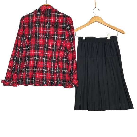 VTG Karen Steven Women 4 Skirt Suit Red Plaid Jacket Black Pleated Skirt 90s USA - Picture 2 of 14